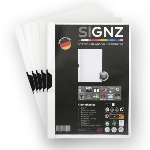 SIGNZ Klemmhefter DIN A4, 5 Stück, weiß, Für bis zu 60 Blatt, CO2-neutral hergestellt, made in Germany