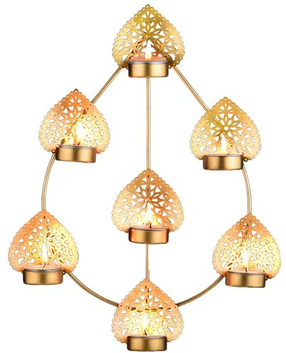 Marrakesch Orientalische Deko Wandkerzenhalter aus Metall in Gold 35 cm groß | Boho Wanddeko Bohos 1 als Spirituelle Deko im Wohnzimmer | Moderne Teelichthalter für 7 Teelichter als Balkondeko