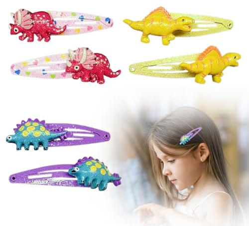 arrderly 6 Stück Dinosaurier Glitzer Haarspangen Mädchen Haarschmuck Dinosaurier Haarnadeln Snap für Kleinkinder Mädchen Kinder Mehrfarbig 4 cm 3 Paar