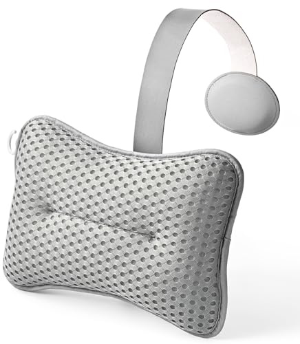 HUGABOW Large Pillow for Hot Tub (Grey), Spa, and Chaise Lounge - Universal Headrest & Neck Support Cushion, Adjustable Height with Long Strap, Easy Drying with Hook (1-Pack)