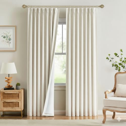 Kayne Studio Natural Pinch Pleated Full Blackout Curtains 112 Inch, Linen Blend Thermal Insulated Soundproof Room Darkening Back Tab Window Drapes with Hooks for Living Room Bedroom(2 Panels,40x112)