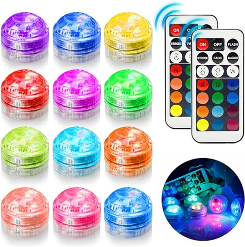 Sporgo Mini Unterwasser LED Licht RGB: 12pcs Lampe Wasserdicht Multi Mehrfarbige Teichbeleuchtung, Unterwasser Licht LED mit Fernbedienung für Garten Aquarium Pool Vase Badewanne