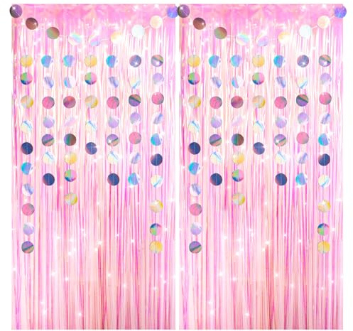2 Pack Iridescent Party Streamers Tinsel Curtain Party Backdrop Foil Fringe Curtain with 2 Pack Garlands for Pink Princess Bachelorette Euphoria Theme Decorations