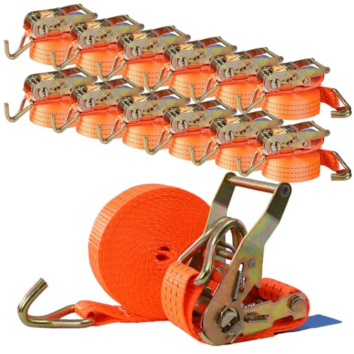 PAMATIO 12 STÜCK Spanngurte mit Ratsche - Haken - 6M x 38MM Spanngurt - 2t (2000 daN, KG) TÜV/GS Zertifiziert - Zweiteilig Zurrgurte, für Motorräder, Auto, Anhänger, nach DIN EN 12195-2