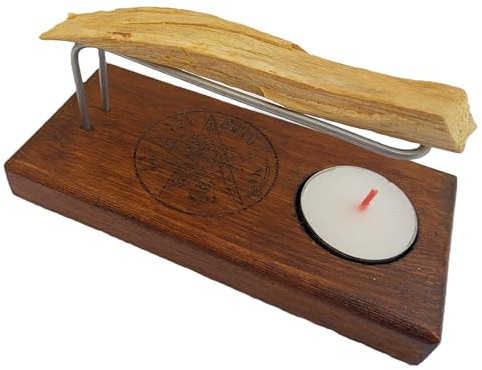 YA-DECOREGALOS Quemador Artesanal de Madera con Varillas metalicas, Soporte para Velas. Especial para Quemar Palo Santo.. Tetragramatón, simbolo de protección. incliuye Palo Santo y Vela