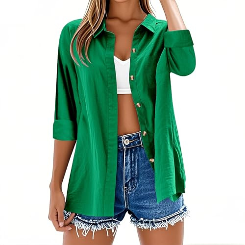 Womens Tops Long Sleeve Casual Button Down Cotton Linen Shirts Solid Color Summer Tshirts V Neck Roll Up Collared Loose Oversized Tees Lightweight Dressy Blouses Office Work Ladies Tunic Tops Green