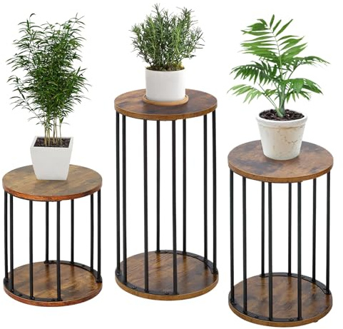 HDANI Set med 3 runda växtstativ metall 35/45/55 cm, solid och robust blomstativ för vardagsrum, trädgård, balkong, blompall för trä, vintage brun-svart