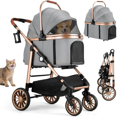 MAMIZO Hundewagen, Hundebox Transporttasche Faltbar klappbar bis 25kg, Hundebuggy Geländegängig, 4 PCS Gummiräder mit Stoßdämpfung, Haustiere Buggy mit Netzfenstern Getränkehalter, Katzenwagen (Grau)