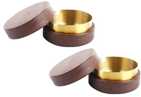 Cenicero de madera resistente al viento, con tapa, antiviento y antiolor, apto para bar, oficina, salón y fiesta. Dorado. 2 piezas.