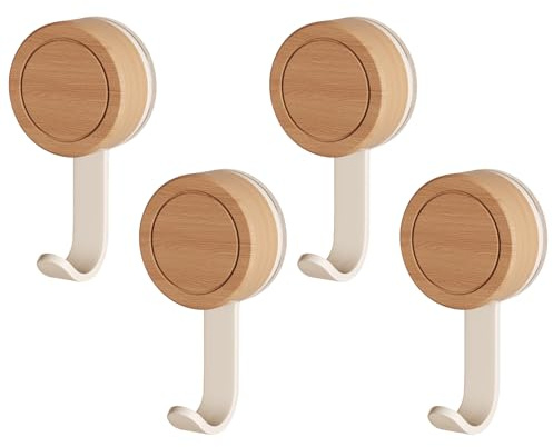 RoxNvm Gancho Ventosa Baño, 4 Piezas Percha Baño, Suction Hooks de Madera | Perchas Sin Taladro, Perchas Adhesivas Fuertes, Cuelga Toallas para Cocina Oficina Habitación