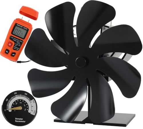 Tomersun Log Burner Fan 8 Blades Stove Fan Heat Powered Log Burners Stove Fans with Thermometer and Moisture Meter for Woodburning/Log Burners/Fireplace