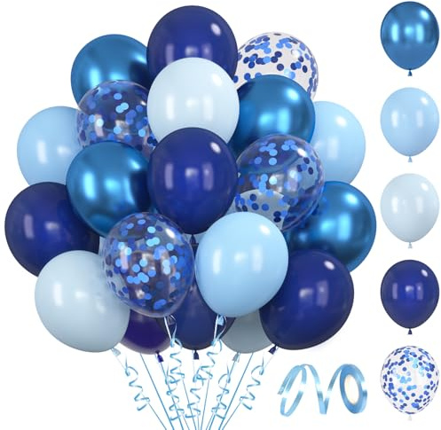 BlooMoo 60 Stück Luftballons Blau, 12 Zoll Latex Luftballons Dunkelblau Hellblau, Metallic Ballons und Konfetti Ballons Set, für Geburtstag Hochzeit Babyparty Jugendweihe Party Dekoration