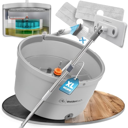 Weidenbach Wischmopp Set mit Eimer XL | 2-Kammer-System für saubere Schmutz- und Frischwassertrennung | Bodenwischer für effizientes Reinigen | Auswringfunktion Wischpads (Grau XL)