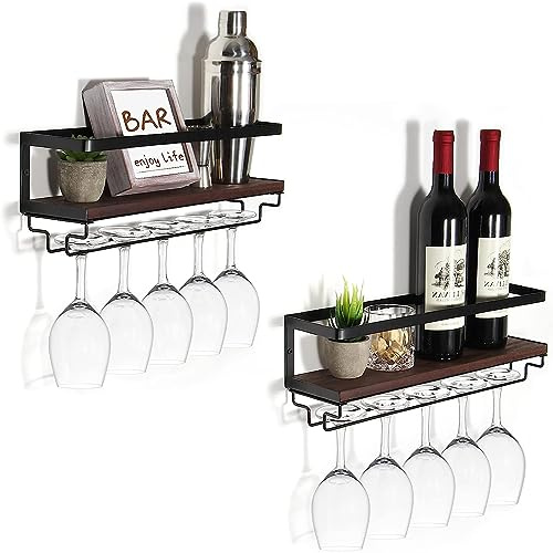 B4Life Scaffale da vino montato a parete con supporto per calici, set di 2 mensole per bicchieri da vino, in legno, stile vintage, per bottiglie di vino, con ripiani galleggianti con piede