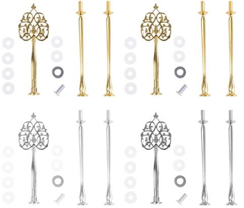 4 Set Etageren Stangen Set, Etagere Bausatz Metallstangen Etagerenhalter Mittellochausstech 2 bis 3 Etage für Hochzeitstorte Tortenhalter Torten Etagere Tortenständer Gold Silber (4PCS, Krone)