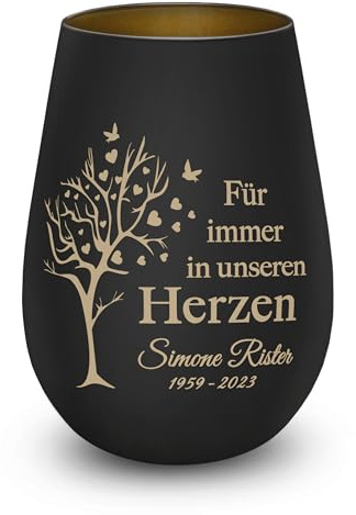 Trauerlicht personalisiert Gravur Name Datum Gedenklicht Lebensbaum Schwarz | Windlicht, Erinnerung, Teelichtglas, Grablicht, Kistallglas mit Personalisierung, würdevolles Andenken, Trauergeschenk