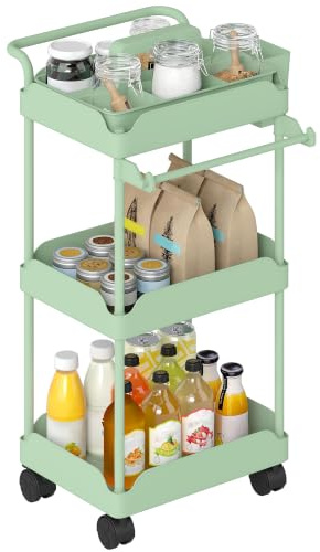 HOMCOM Carrito Auxiliar con Ruedas de 3 Niveles Cestas Extraíbles Verde | Carrito de Cocina, Ruedas con Freno, Soporte para Toallas, Marco de Metal, para Comedor, Salón, Baño, Oficina