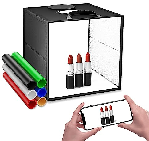 Estudio Fotográfico Caja de Luz, 30x30x30cm, Cubos de luz para Estudios de fotografía con CRI >95,120 Luces LED Regulables,3000K-5600K, Fondos de 6 Colores para Productos de Tamaño Pequeño