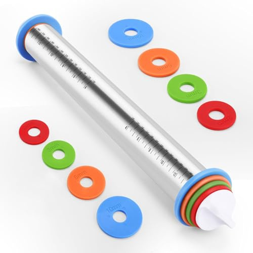 Nudelholz Einstellbares Edelstahl Teigroller, Nudelholz mit einstellbarer Teigdicke abnehmbare Ringe in 4 Größen, Pizzakuchen, Gebäck, Nudeln und Keksen, 44cm