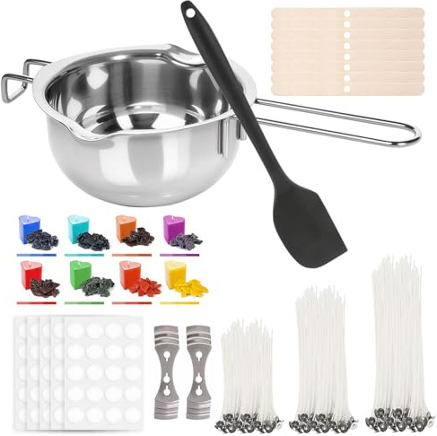 Kerzen Selber Machen Set, Kerzenherstellung Kerzen Gießen Set mit Schmelztopf, Kerzendochte, Kerzenfarbe, Aufkleber, Dochthalter, Dochthalter aus Metall, Candle Making Kit für DIY Set Erwachsene