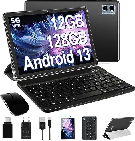 DEERTiME 2026 Tablette 10 Pouces Android OS, Octa-Core, 5G WiFi 12Go RAM+128Go ROM(TF 2TB), Bluetooth 5.0, Dual Camera, 6000mAh, Type-C, Tablette Tactile 2 en 1 avec Clavier Souris et Cas-Noir