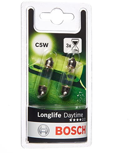 Bosch Lampadine Alogene Diurne Longlife Daytime, 12 V 5 W, Lunga Durata - Attacco SV8,5-8 - Confezione da 2 Lampadine