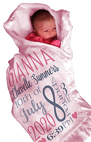 Kids-Pillowcases-By-Stockingfactory Personalized Baby Blankets (40x30, Pink Micro Plush Fleece with Satin Edge) for Girls with Name Birth for Newborn Baby Room Nursery Christening or Baptism