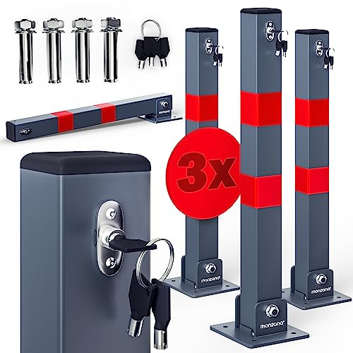 DEUBA® 3X Car Security Barrier for Driveways | Telescopic Retractable Parking Space Bollard | 3 Keys | Pre-Drilled Base Plate, Reflective Strips