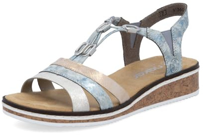 Rieker Damen Keilsandalen V36G4, Frauen Sandalen,Sommerschuhe,Freizeitschuhe,offene Schuhe,Strandschuhe,blau Kombi (40),38 EU / 5 UK