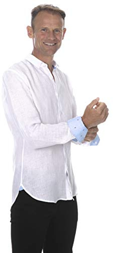 UGHOLIN Men's Regular Fit Kent Collar Long Sleeve Linen Shirt, White, XXL