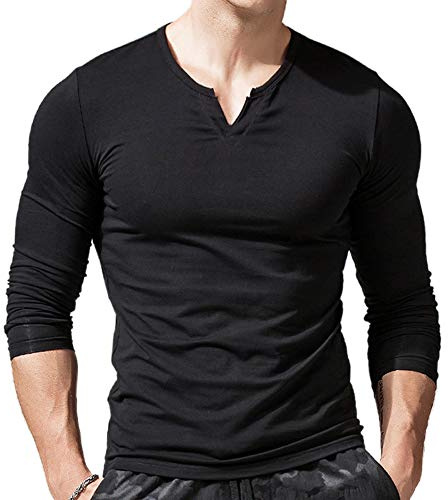 Uomo vestibilità Slim Manica Lunga Henley Maglietta Casuale Scollo a V. Magliette Cotone Nero Large