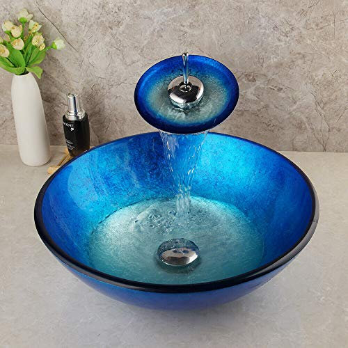 chicstyleme Waschbecken Glas Tischwaschbecken Waschtisch Glas Runde Badwaschbecken Waschbecken mit Wasserhahn Arbeitsplatte Waschtisch Glas Waschbecken mit Wasserablauf Set L42,5 x B42,5 x H13cm