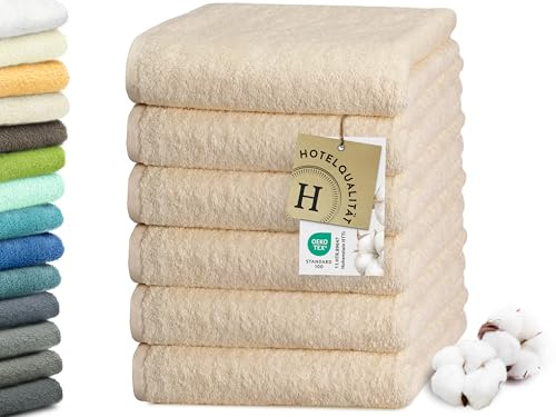 ZOLLNER Juego de 6 Toallas de 50 x 100 cm: Toallas para Invitados Especialmente Suaves y absorbentes en Color Caramelo, con práctico Colgador, Lavables hasta 95 °C, de algodón, Calidad hotelera