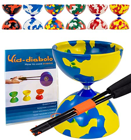 Juggle Dream Jester Diabolo Set - Fixed Axle Professional Diabolo with Super Glass Handsticks, Online Learning Video - Juggling Toy (Blue/Yellow)