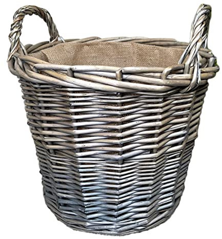 Wicker Lined Log Basket Classic Round Fireplace Storage Grey Woven Wood Handles 33cm