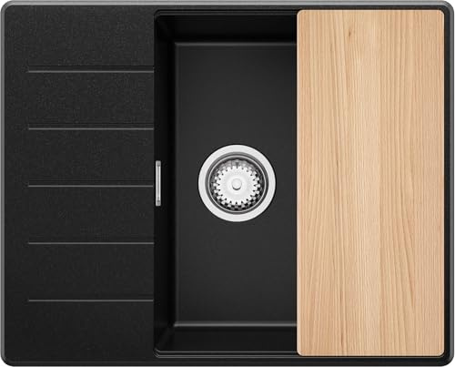 PRIMAGRAN Evier Cuisine en Granit au Meuble 50cm + Kit de Vidage, 62x50cm | Set: Kit de Vidage (Siphon, bonde d’évacuation, trop-plein) + Planche à Découper + Lavabo 1 Bac - Copenhague Top, Noir