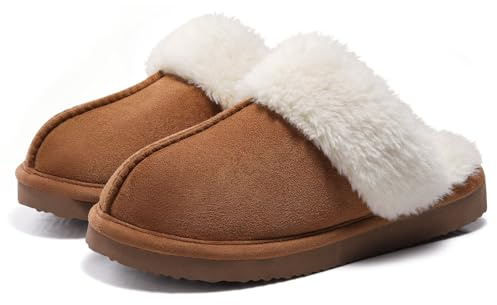 Beslip Women's Fuzzy Memory Foam Slippers Fluffy Ladies Winter House Shoes Indoor and Outdoor Chestnut 6-6.5