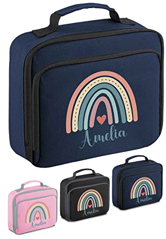Personalised Lunch Bag Childrens Toddler Personalised Lunch Boxes for Kids Girls Pack Lunch Bag Insulated School Name Rainbow Pink Lunchbag (Navy)