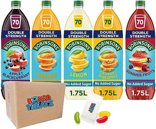 Robinsons Double Strength No Added Sugar Squash 1.75L Assorted Robinsons Concentrate Squash Bundle Of 5 Orange & Pineapple Lemon Summerfruits Orange Blackcurrant & Apple Boxed Treatz