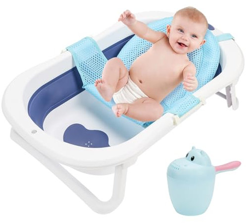 SWANEW Baby Badewanne, Faltbar Babybadewanne, Klappbare Badewannen, Baby Badewanne mit Thermometer und Bath Mat, Baby-haarwaschbecher, Rutschfeste Baby Bathtub für Neugeborene 0-6 Jahre,Blau