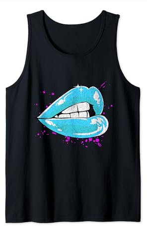 Große Lippen mit blauem Lippenstift, 80er Jahre 1980er Valentinstag Grafik Tank Top