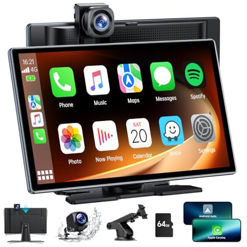 Lamto Tragbares Autoradio für Apple CarPlay Android Auto,9-Zoll Wireless Autoradio-Receiver mit 2,5K-Dashcam,1080P-Rückfahrkamera,Carplay Bildschirm mit Bluetooth/Mirror Link/Go0gle/Siri/FM/AUX/64G TF