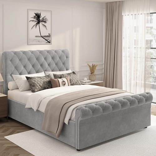Upholstered Gas Lift Up Bed Frame with Storage, Ottoman Storage Bed, Velvet Double Bed Frame, Ottoman Bed with Wooden Slats, (4ft6 Grey Double 135 x 190, No Mattress)