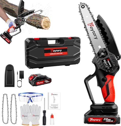 Mini motosega a batteria da 21 V, 6 pollici, con batteria, 2 catene, sega elettrica a mano singola, con serratura di sicurezza per giardinaggio, potatura degli alberi