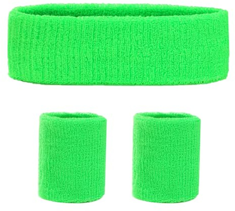 3 set svettband pannband armband retro neon 80-tal 90-talet outfit sport karneval tillbehör (grön)
