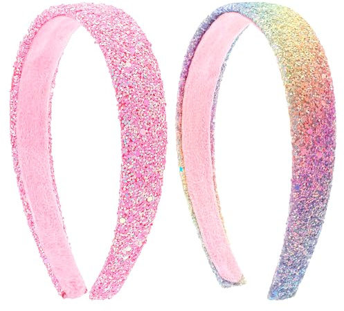 Dimeho Glitterpannband för flickor, 2 st glittrande brett pannband plast söta halkfria hårband tjock bling mode hårband färgglad regnbåge hårtillbehör för kvinnor flickor