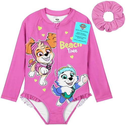 Paw Patrol Bañador Manga Larga Niña Bebe Traje de Baño Natación para Piscina y Playa Cremallera Frontal y Coletero a Juego (5-6 Años, Rosa)