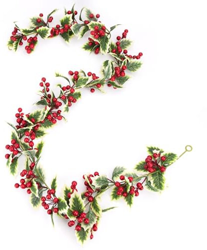 Guirlande de Baies Rouges de Noël, 175cm Guirlande Sapin Noël Artificielle, Cheminée Couronne Rotin pour Fêtes, Cheminée, Escalier, Porte, Décoration