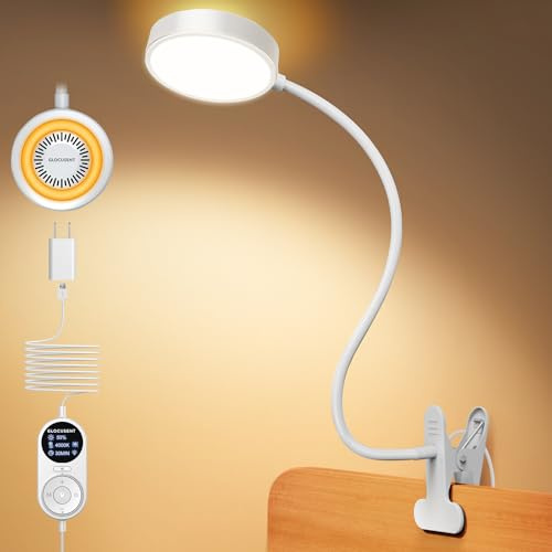 Glocusent Clip On Light, 72 LED Desk Lamp with 3 Colors & 5 Brightness, Flexible Clip on Lamp with Amber Night Light, 30/60-Min Timer, Eye Caring, for bed/Reading/Studying/Working (White with Adapter)