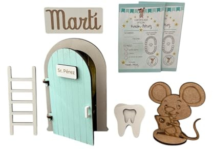 Puerta Ratoncito Pérez Personalizable Con Nombre,SE ABRE, color MINT-Con 4 certificados+Escalera+Felpudo personalizado+Caja para diente y opción si quieres a ratón. Puerta mágica.Casita Ratoncito